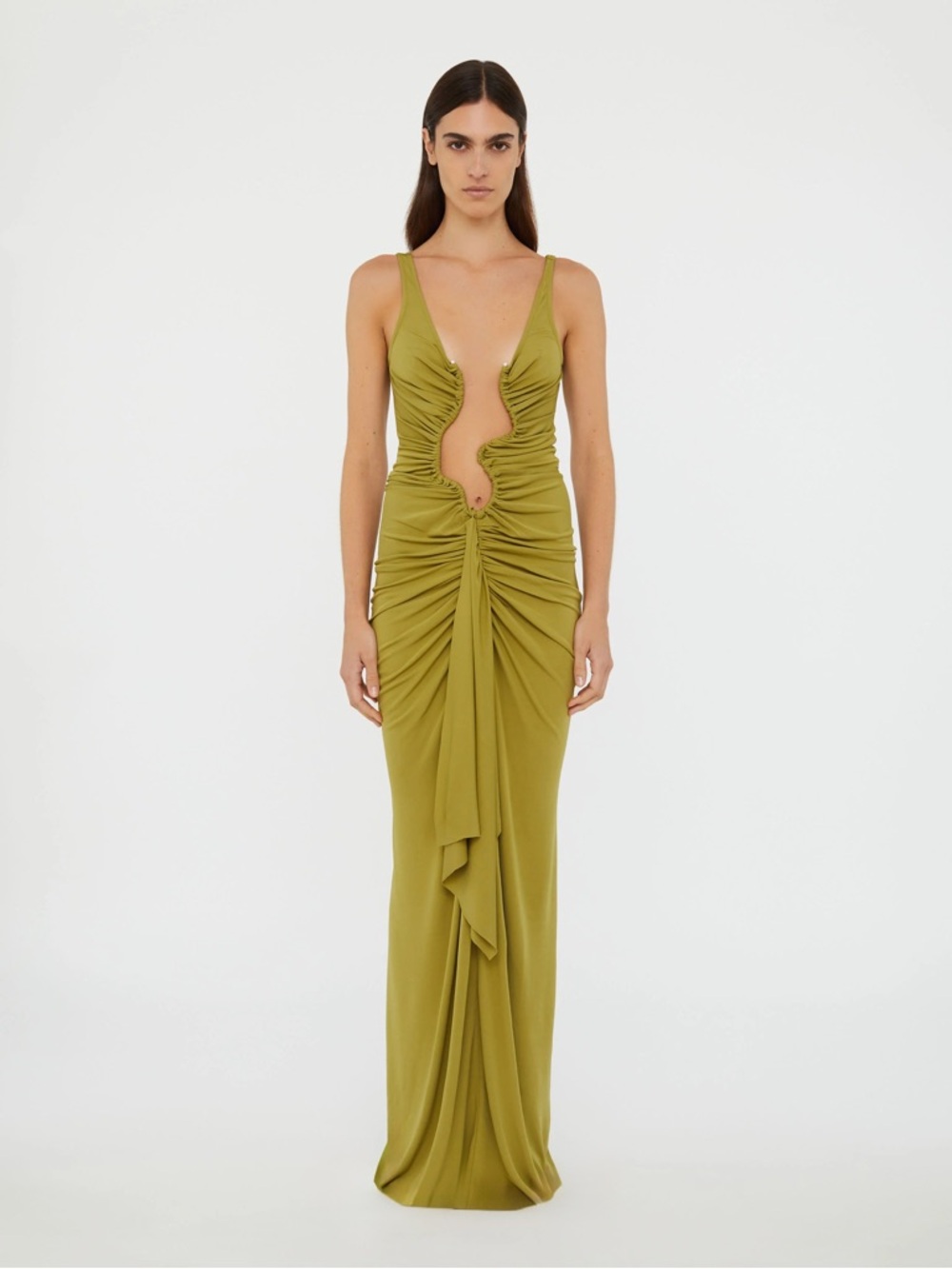 Christopher Esber Olive Green Salacia Jersey Drape Ruched Maxi Dress sz 10